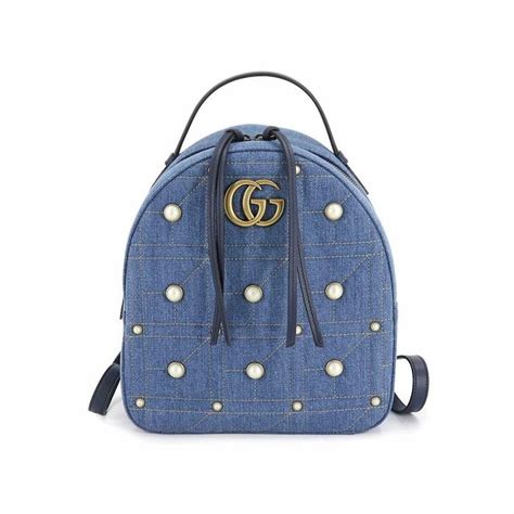 GUCCI GG Marmont Backpack Denim Faux Pearl Leather Light 